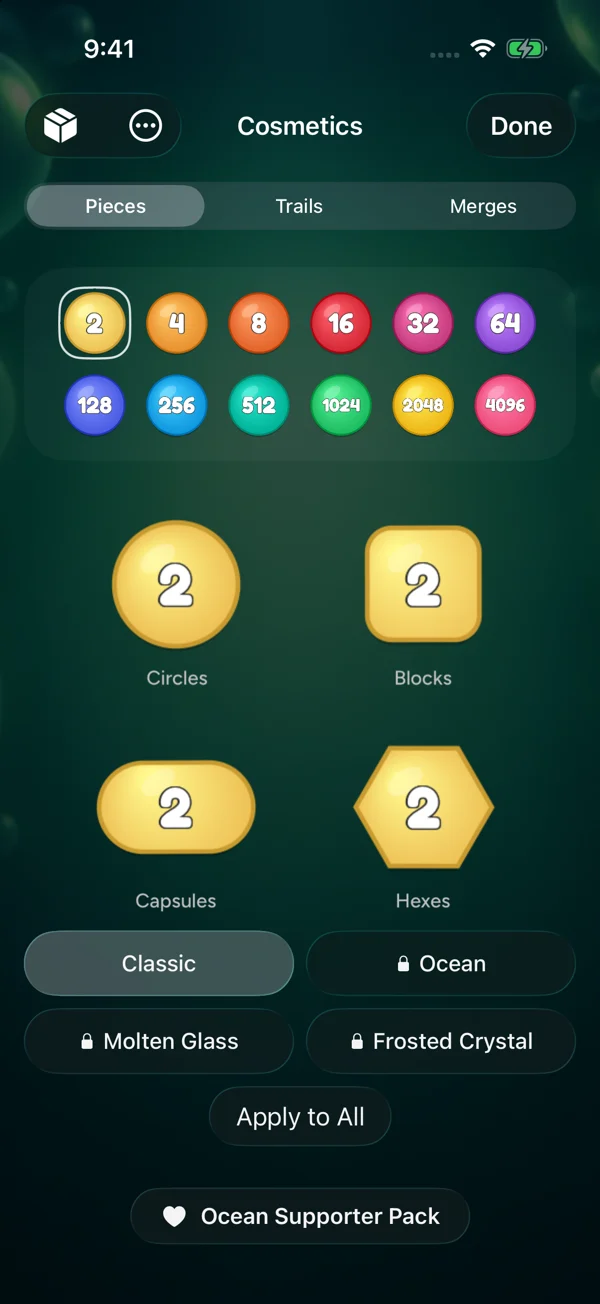 Bouncera cosmetics menu showing numbered pieces and four piece shapes