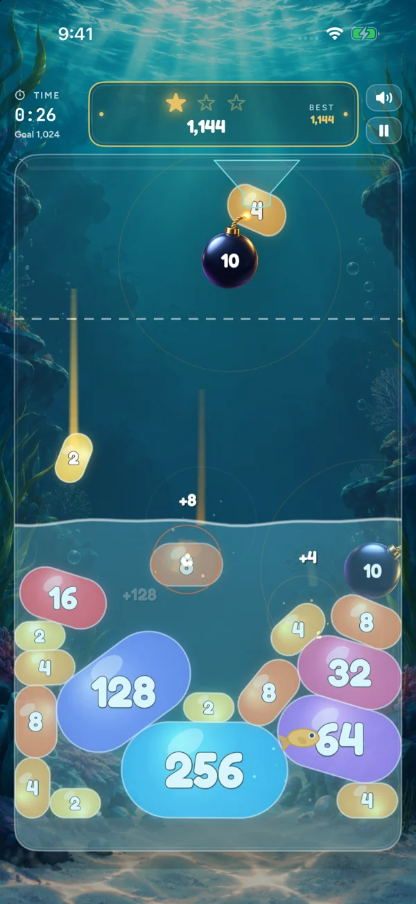 Tidal Glass gameplay with capsule pieces and ocean water